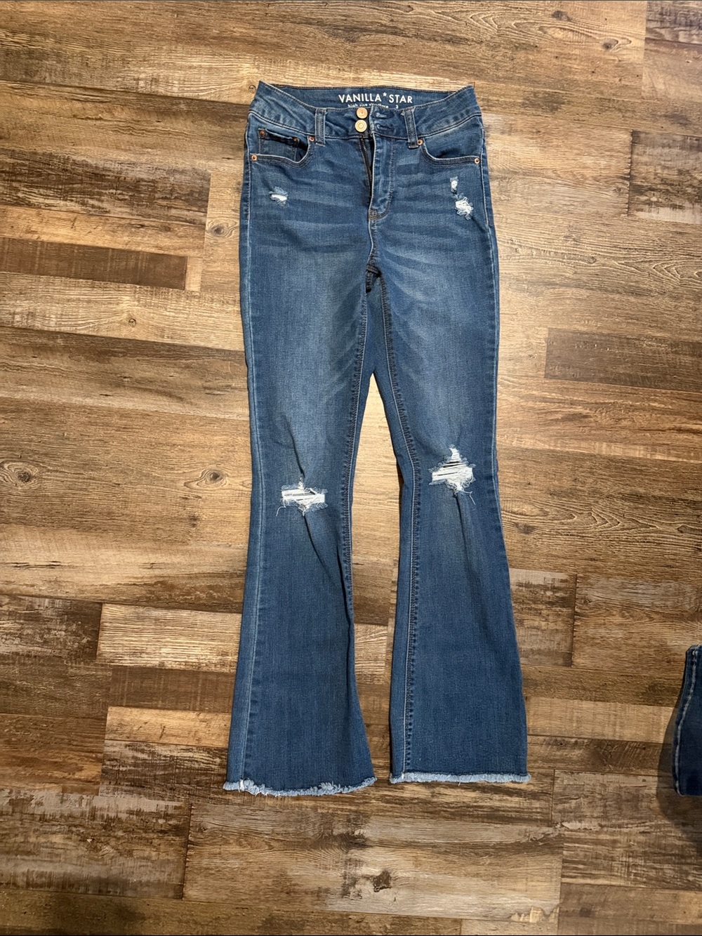 Vanilla Star Women's Medium Blue Distressed Flare Jeans